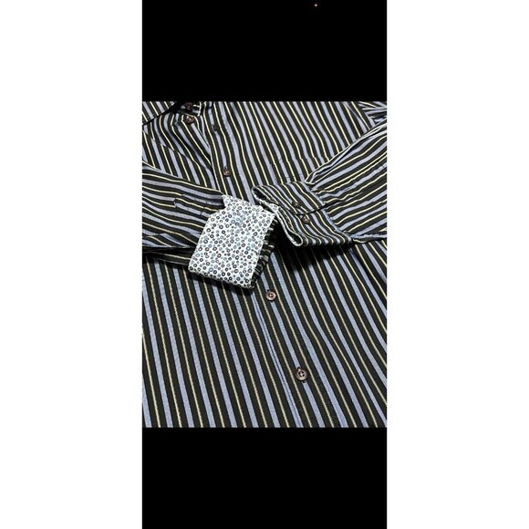 Bugatchi Button Down Shirt Flip Cuff Striped Blue Mens Size Measured Classic - Picture 8 of 12